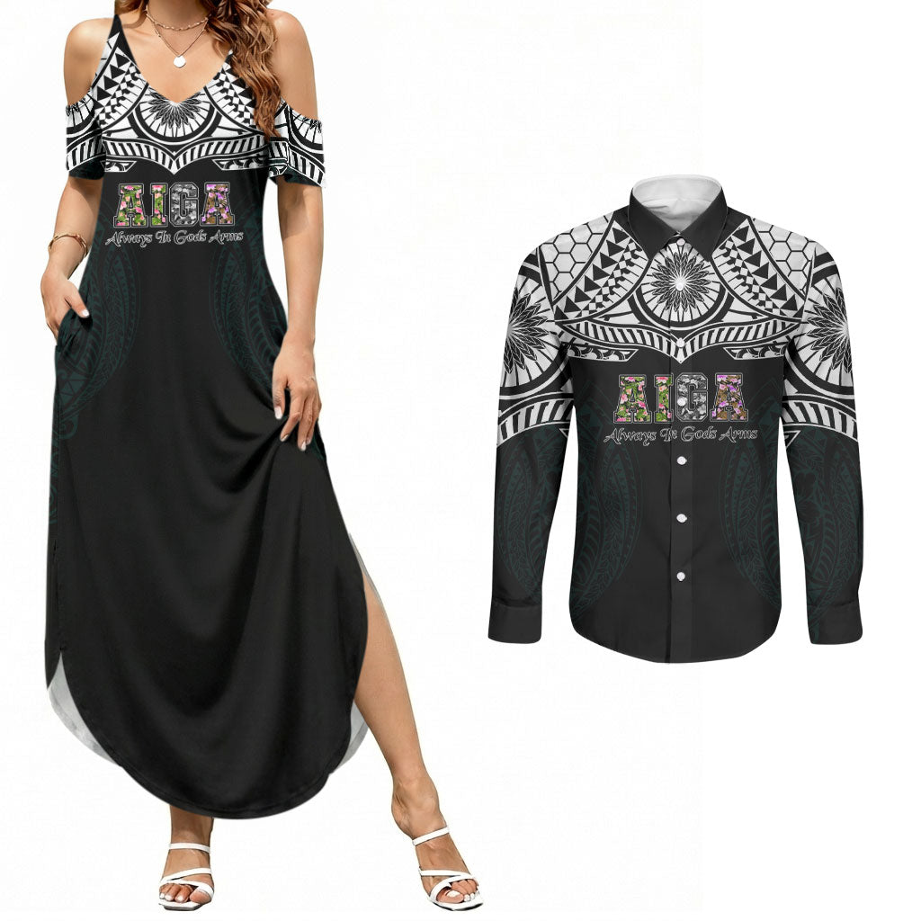 AIGA Always In Gods Arms Samoa Couples Matching Summer Maxi Dress and Long Sleeve Button Shirt Polynesian Tribal Tattoo Art Family Heritage Faith