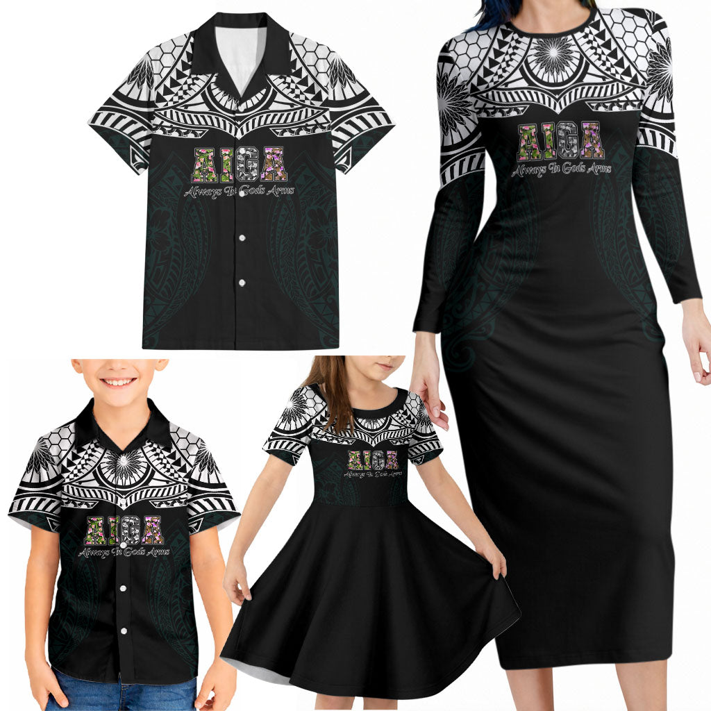 AIGA Always In Gods Arms Samoa Family Matching Long Sleeve Bodycon Dress and Hawaiian Shirt Polynesian Tribal Tattoo Art Family Heritage Faith