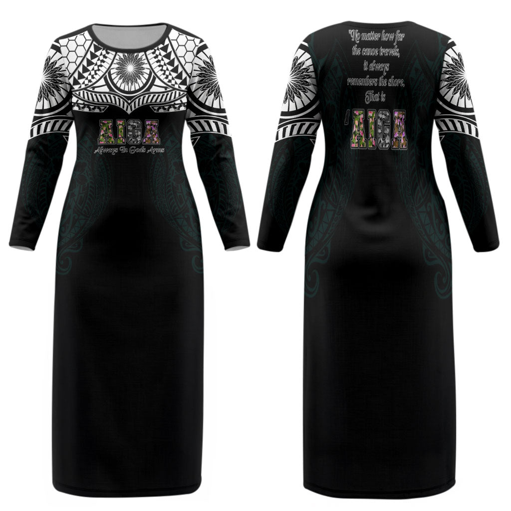AIGA Always In Gods Arms Samoa Family Matching Long Sleeve Bodycon Dress and Hawaiian Shirt Polynesian Tribal Tattoo Art Family Heritage Faith TS04 Mom's Dress Black White - Polynesian Pride
