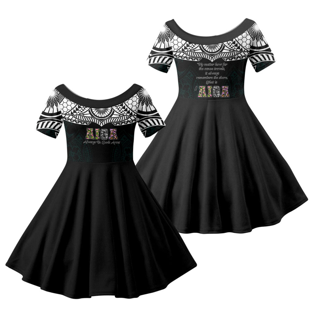 AIGA Always In Gods Arms Samoa Family Matching Long Sleeve Bodycon Dress and Hawaiian Shirt Polynesian Tribal Tattoo Art Family Heritage Faith TS04 Daughter's Dress Black White - Polynesian Pride
