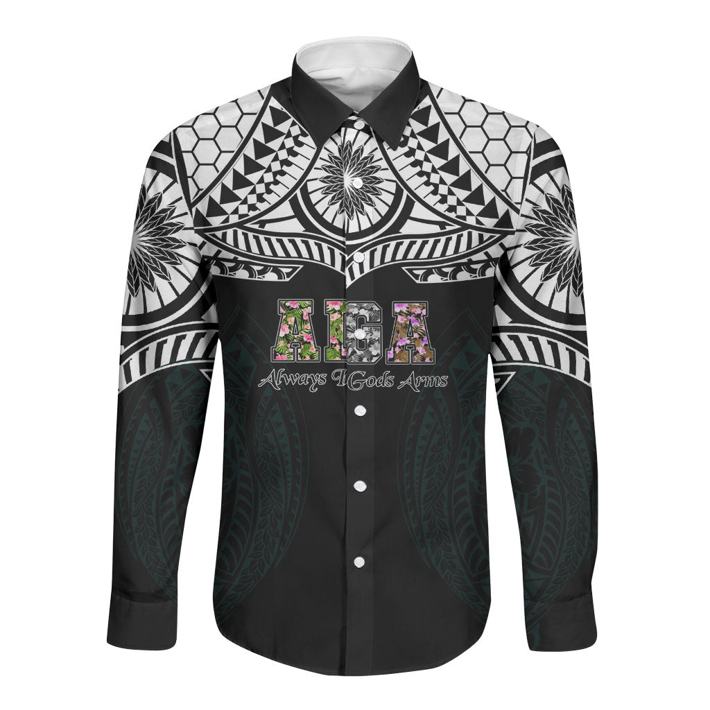 AIGA Always In Gods Arms Samoa Long Sleeve Button Shirt Polynesian Tribal Tattoo Art Family Heritage Faith