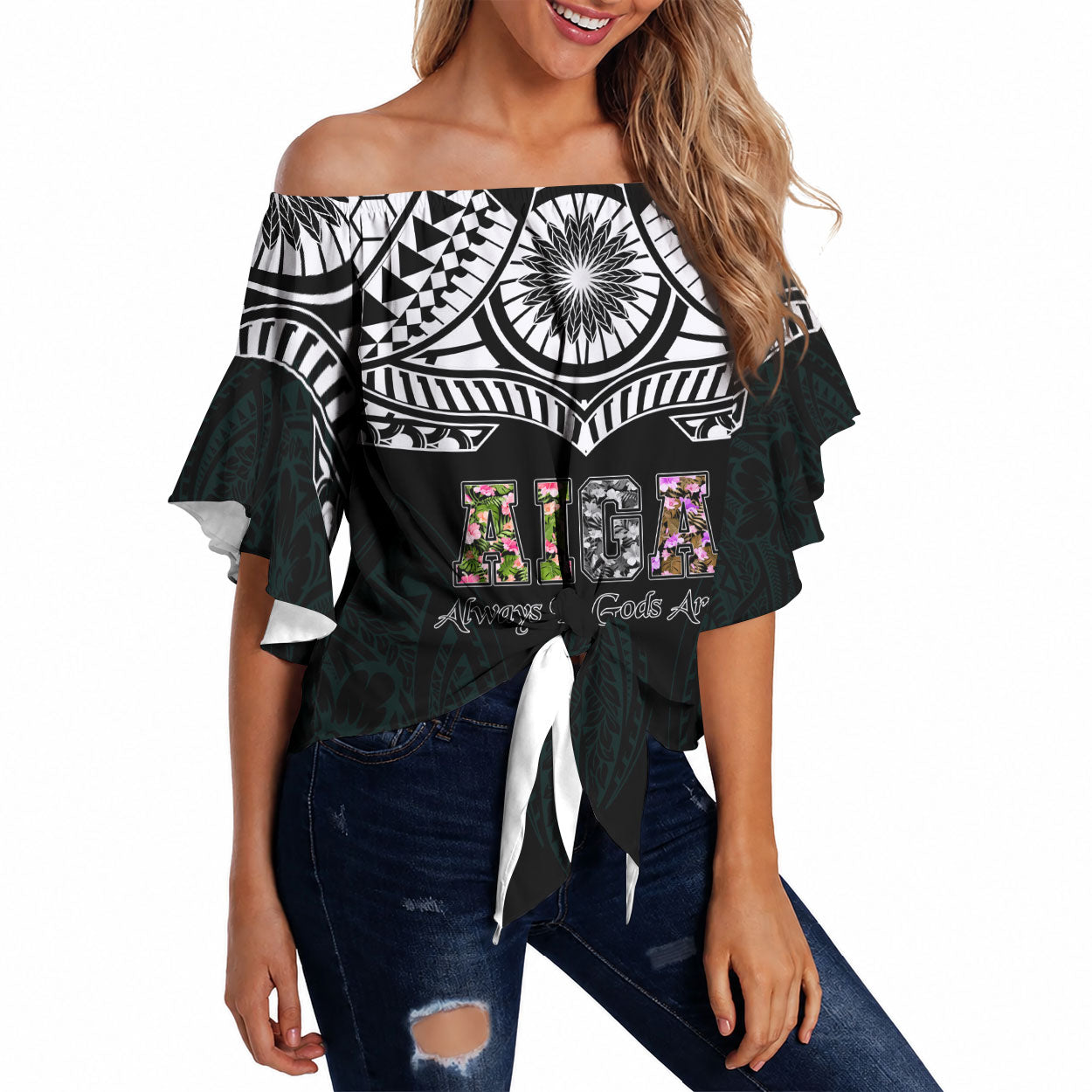 AIGA Always In Gods Arms Samoa Off Shoulder Wrap Waist Top Polynesian Tribal Tattoo Art Family Heritage Faith