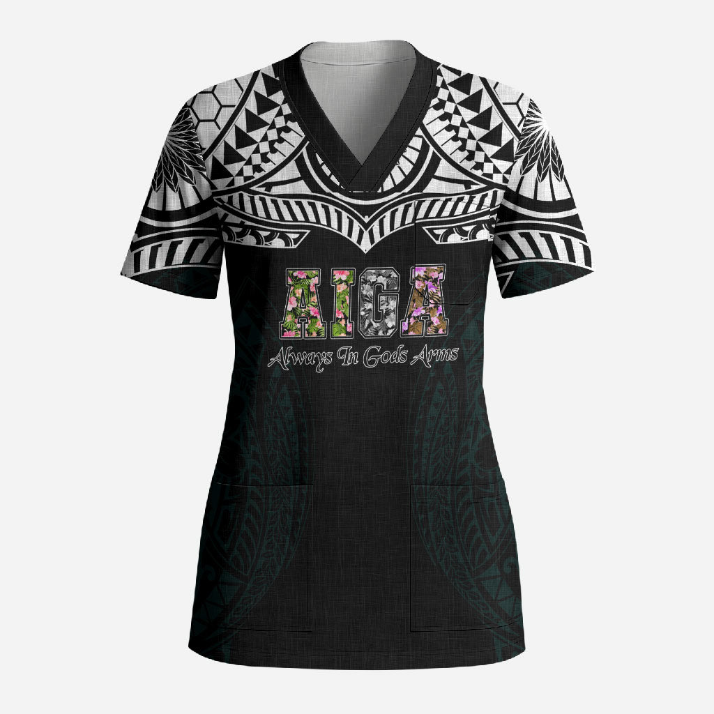 AIGA Always In Gods Arms Samoa Scrub Top Polynesian Tribal Tattoo Art Family Heritage Faith