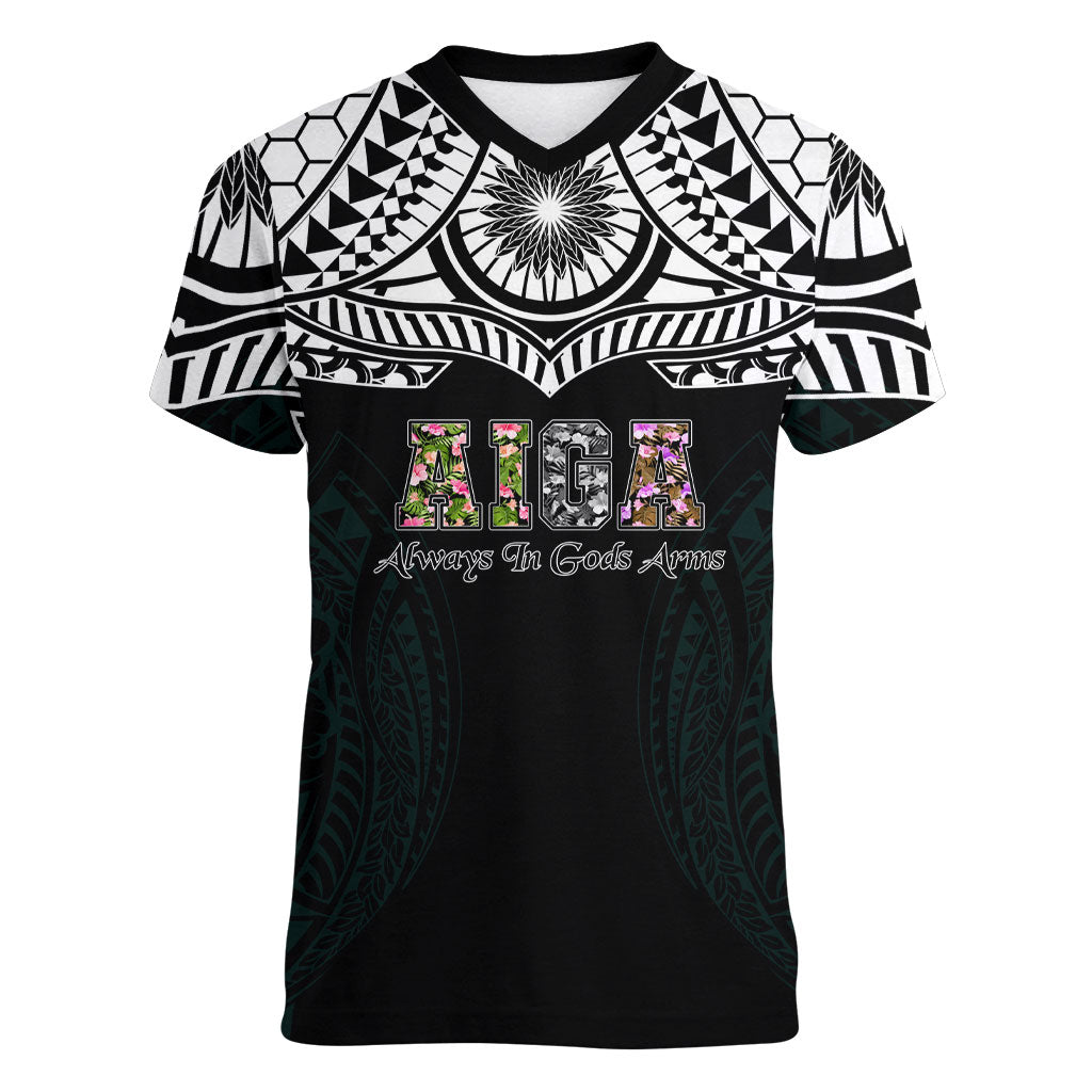 AIGA Always In Gods Arms Samoa Women V-Neck T-Shirt Polynesian Tribal Tattoo Art Family Heritage Faith TS04 Female Black White - Polynesian Pride