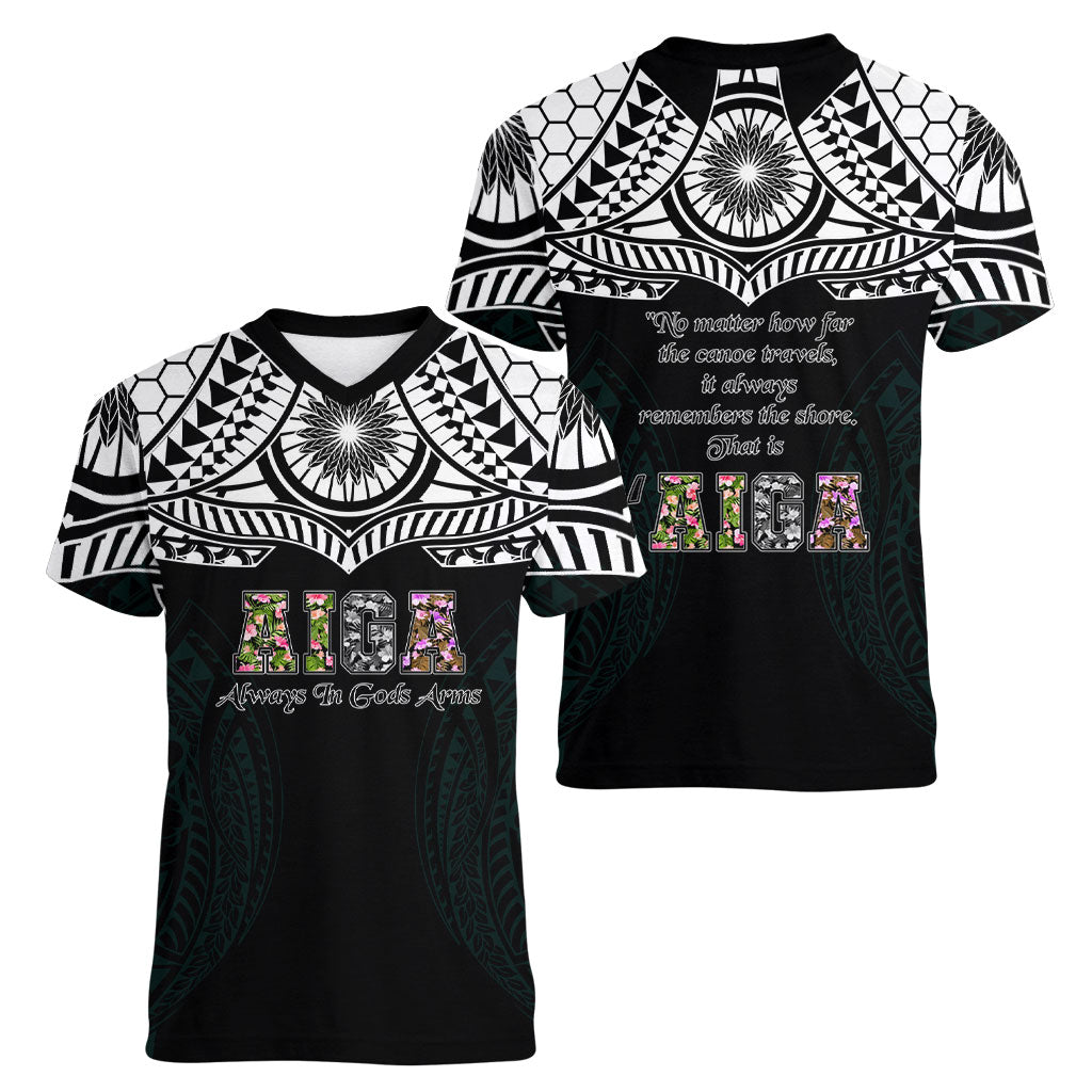 AIGA Always In Gods Arms Samoa Women V-Neck T-Shirt Polynesian Tribal Tattoo Art Family Heritage Faith TS04 - Polynesian Pride