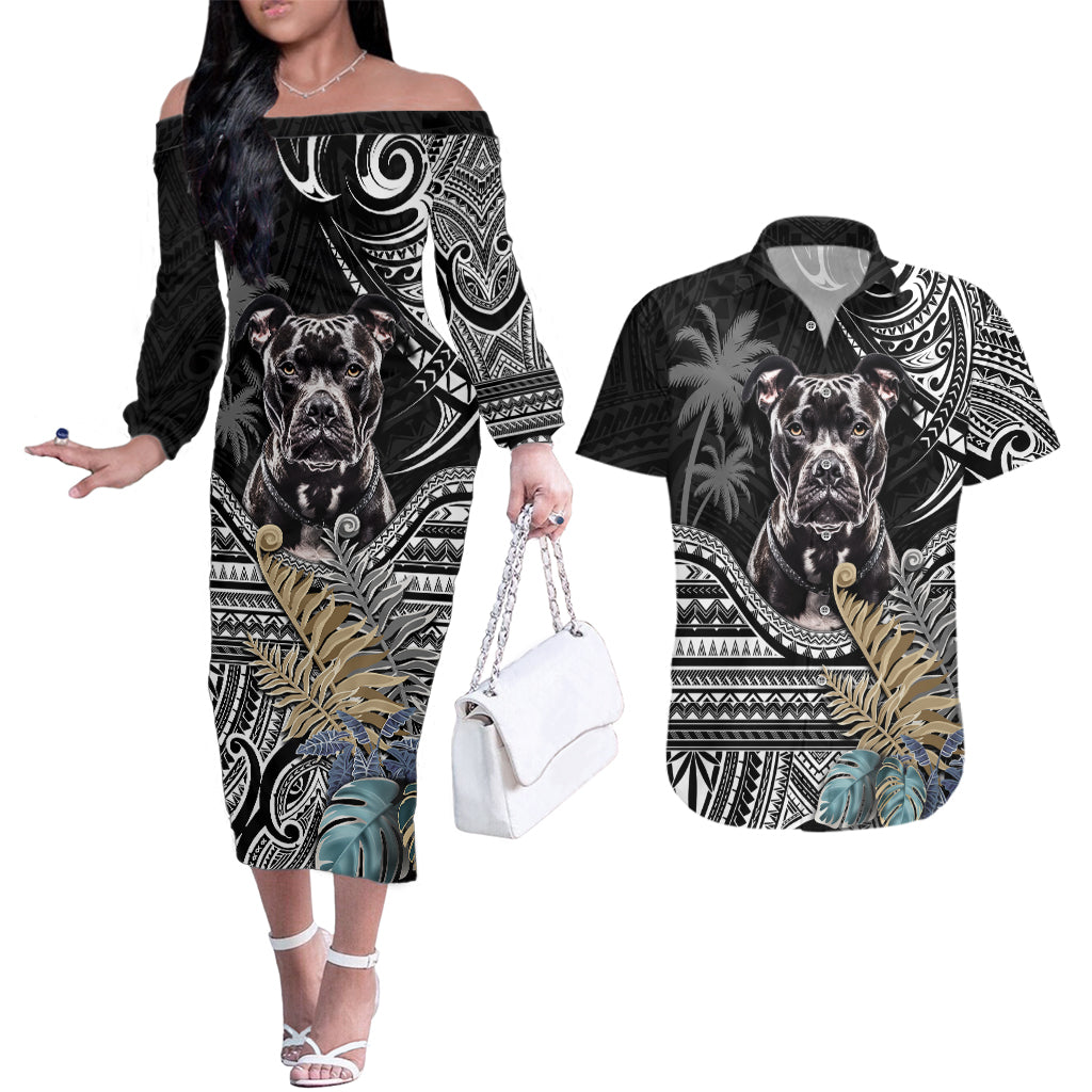 Polynesian Pitbull Couples Matching Off The Shoulder Long Sleeve Dress and Hawaiian Shirt Polynesian Pattern And Pitbull TS04 Black - Polynesian Pride