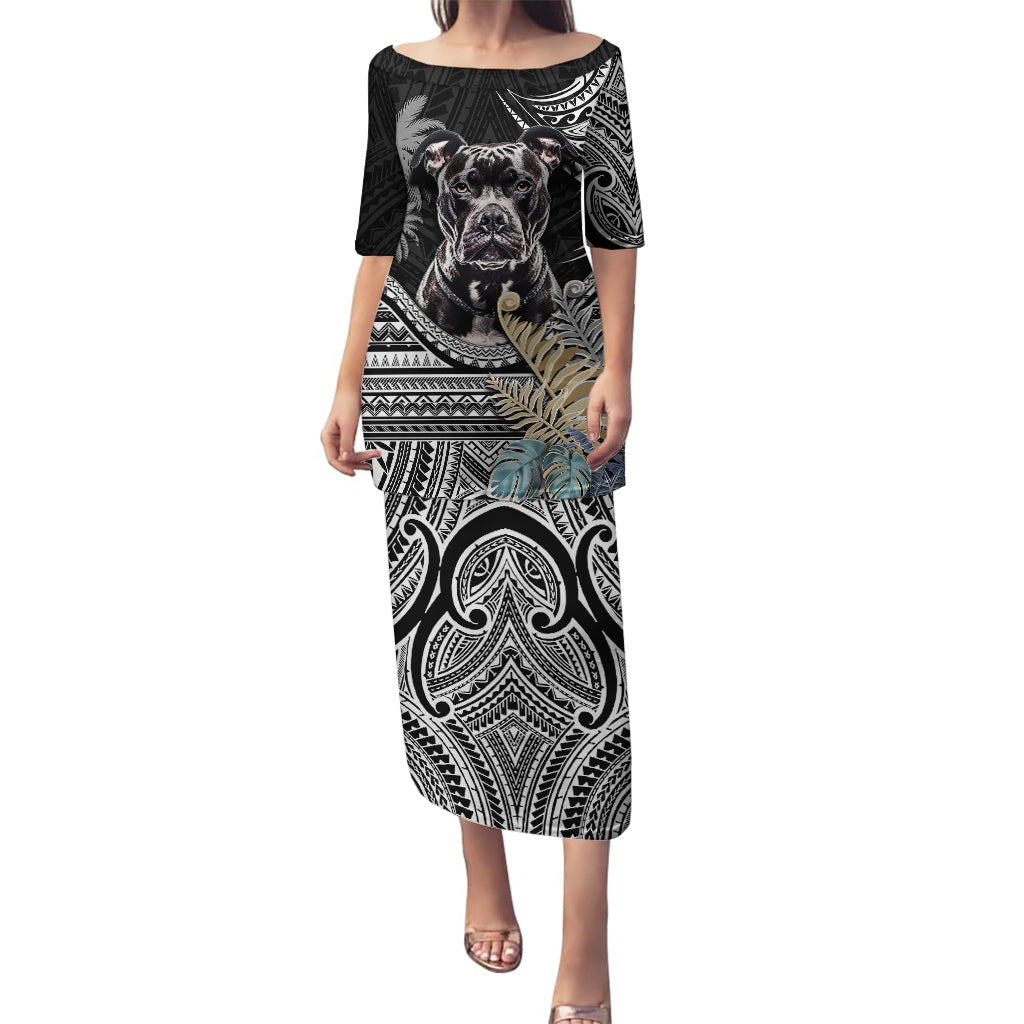 Polynesian Pitbull Puletasi Polynesian Pattern And Pitbull TS04 Long Dress Black - Polynesian Pride