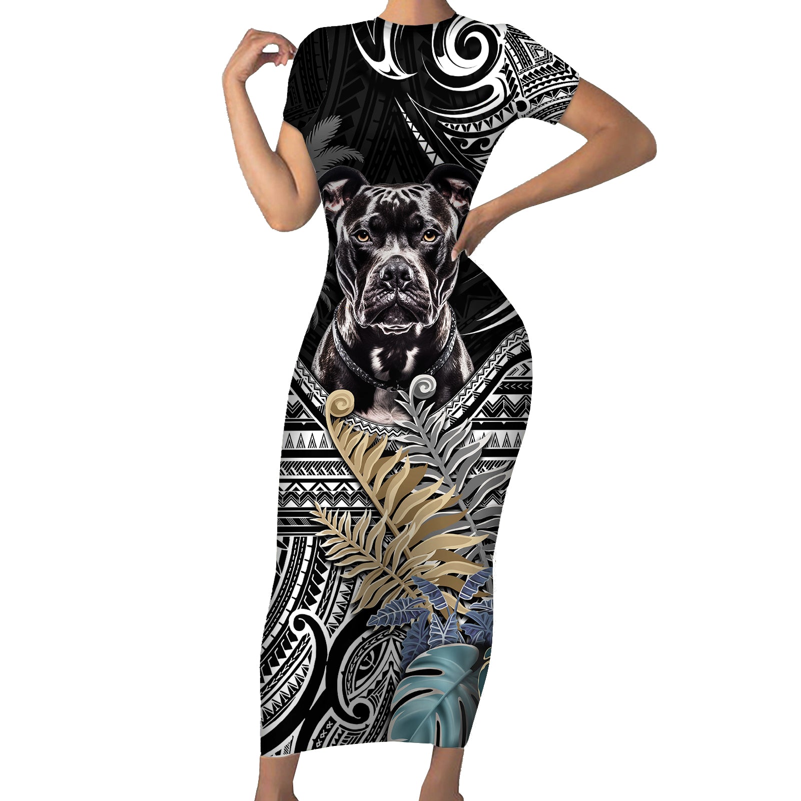 Polynesian Pitbull Short Sleeve Bodycon Dress Polynesian Pattern And Pitbull TS04 Long Dress Black - Polynesian Pride