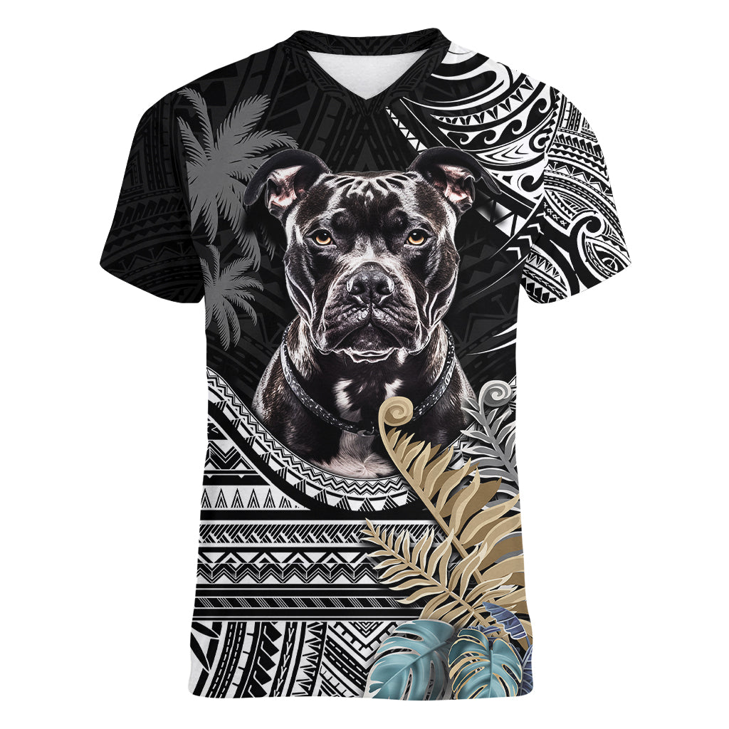 Polynesian Pitbull Women V Neck T Shirt Polynesian Pattern And Pitbull TS04 Female Black - Polynesian Pride
