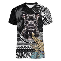 Polynesian Pitbull Women V Neck T Shirt Polynesian Pattern And Pitbull TS04 Female Black - Polynesian Pride
