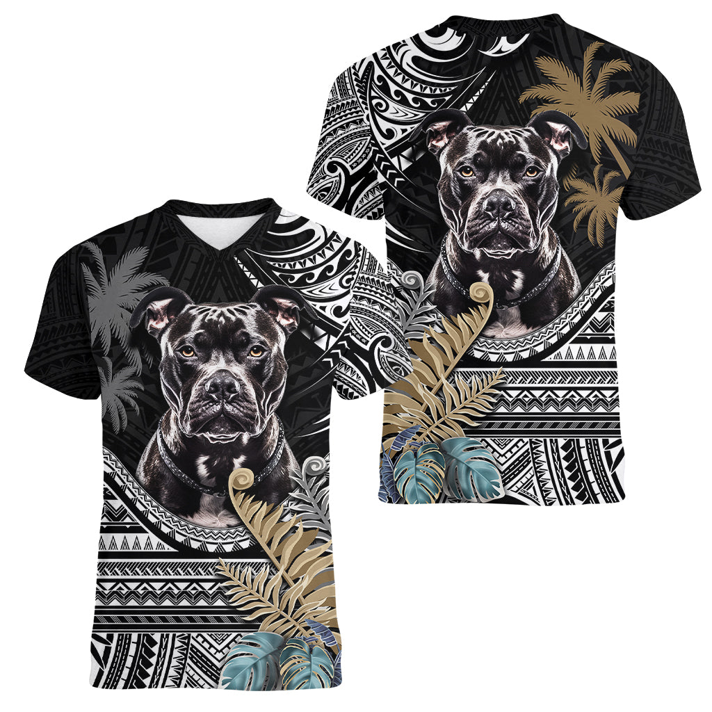 Polynesian Pitbull Women V Neck T Shirt Polynesian Pattern And Pitbull TS04 - Polynesian Pride