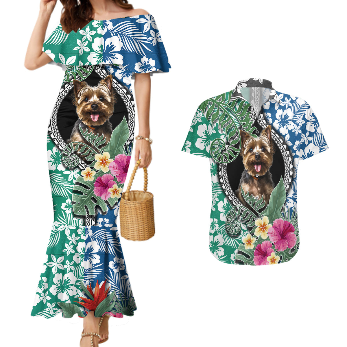 Polynesian Yorkshire Terrier Couples Matching Mermaid Dress and Hawaiian Shirt Polynesian Pattern And Yorkshire Terrier TS04 Multicolor - Polynesian Pride