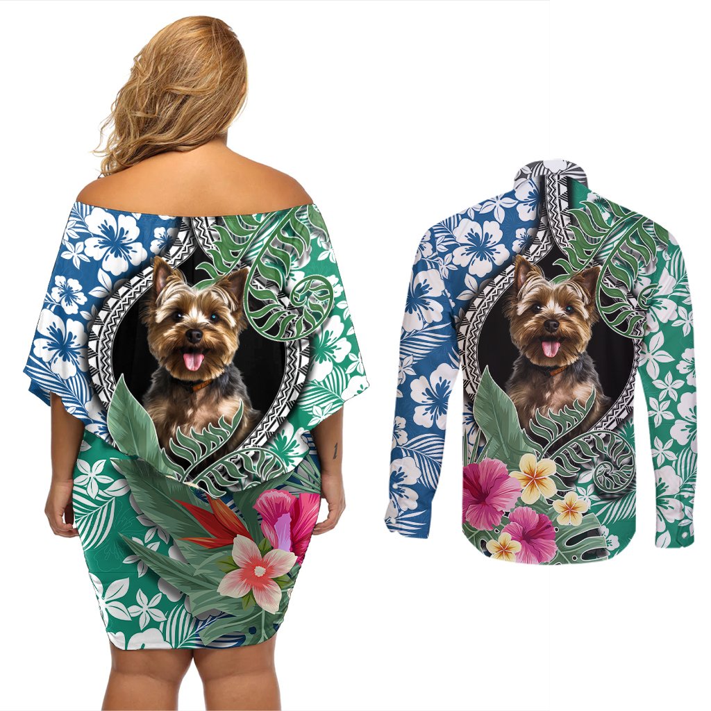Polynesian Yorkshire Terrier Couples Matching Off Shoulder Short Dress and Long Sleeve Button Shirts Polynesian Pattern And Yorkshire Terrier TS04 - Polynesian Pride