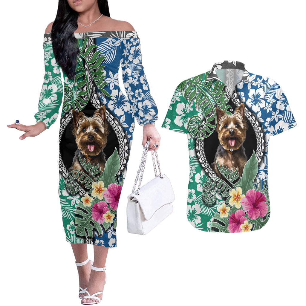 Polynesian Yorkshire Terrier Couples Matching Off The Shoulder Long Sleeve Dress and Hawaiian Shirt Polynesian Pattern And Yorkshire Terrier TS04 Multicolor - Polynesian Pride