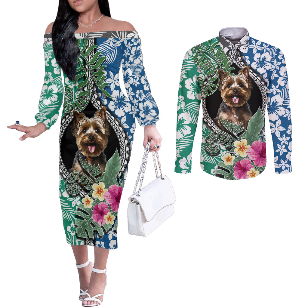 Polynesian Yorkshire Terrier Couples Matching Off The Shoulder Long Sleeve Dress and Long Sleeve Button Shirts Polynesian Pattern And Yorkshire Terrier TS04 Multicolor - Polynesian Pride