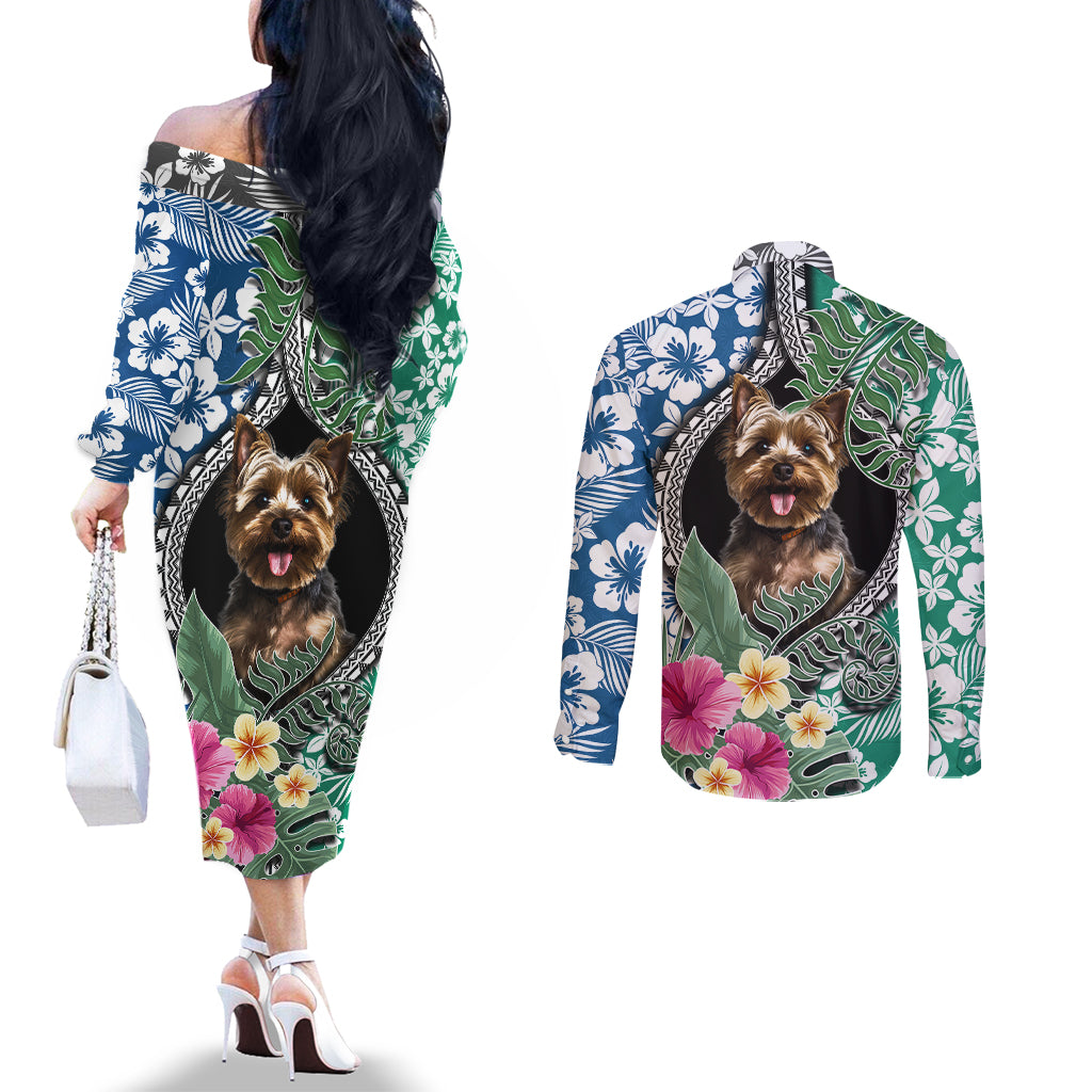 Polynesian Yorkshire Terrier Couples Matching Off The Shoulder Long Sleeve Dress and Long Sleeve Button Shirts Polynesian Pattern And Yorkshire Terrier TS04 - Polynesian Pride