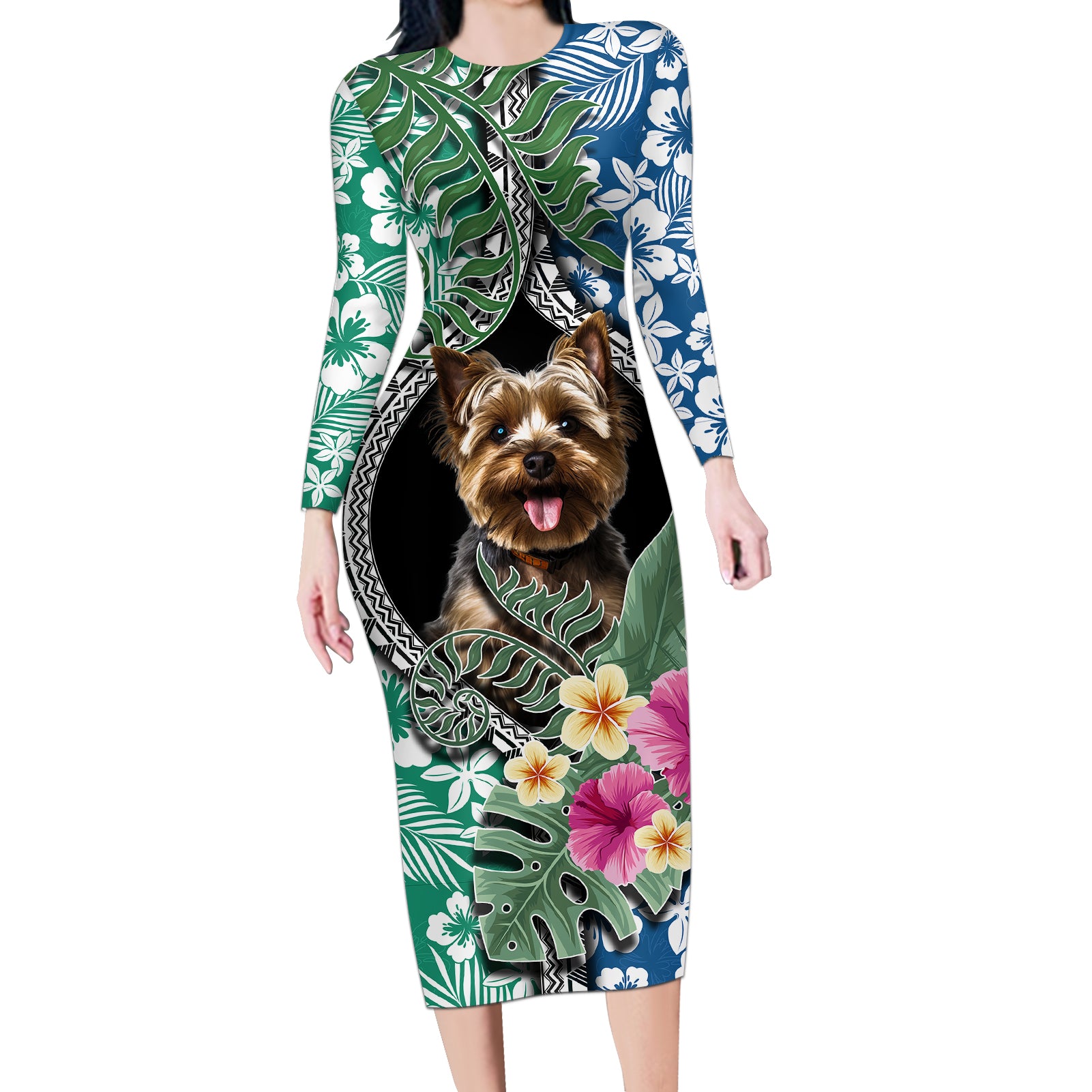 Polynesian Yorkshire Terrier Long Sleeve Bodycon Dress Polynesian Pattern And Yorkshire Terrier TS04 Long Dress Multicolor - Polynesian Pride