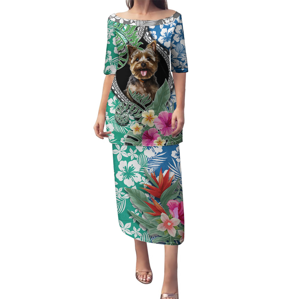 Polynesian Yorkshire Terrier Puletasi Polynesian Pattern And Yorkshire Terrier TS04 Long Dress Multicolor - Polynesian Pride