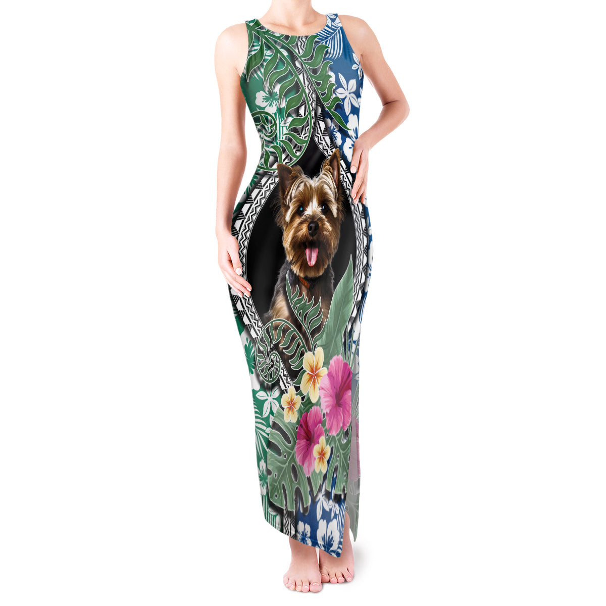 Polynesian Yorkshire Terrier Tank Maxi Dress Polynesian Pattern And Yorkshire Terrier TS04 Women Multicolor - Polynesian Pride