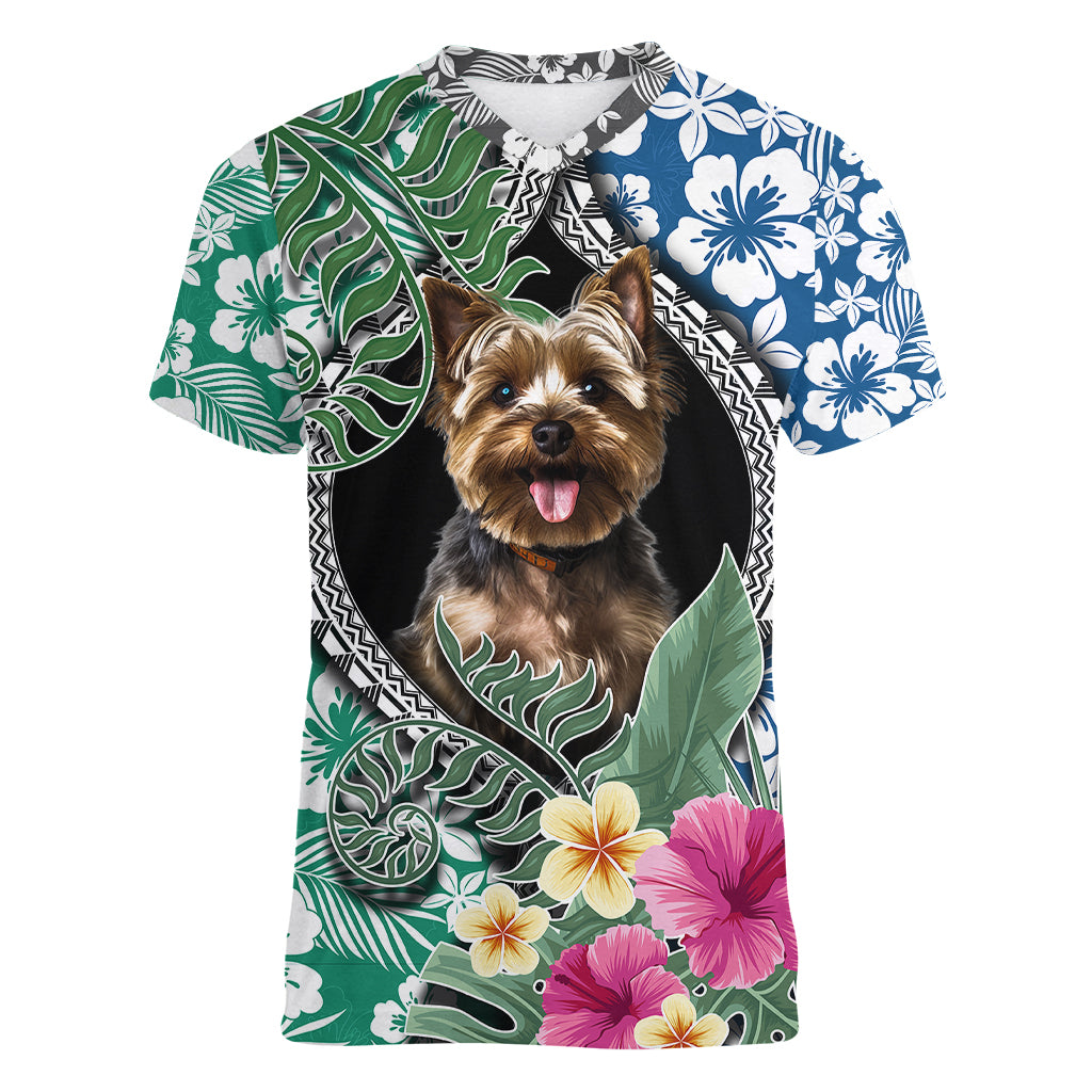 Polynesian Yorkshire Terrier Women V Neck T Shirt Polynesian Pattern And Yorkshire Terrier TS04 Female Multicolor - Polynesian Pride