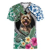 Polynesian Yorkshire Terrier Women V Neck T Shirt Polynesian Pattern And Yorkshire Terrier TS04 Female Multicolor - Polynesian Pride