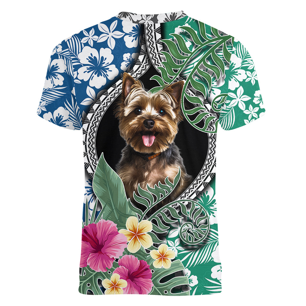 Polynesian Yorkshire Terrier Women V Neck T Shirt Polynesian Pattern And Yorkshire Terrier TS04 - Polynesian Pride