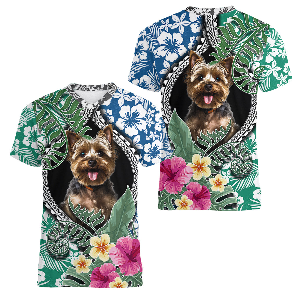 Polynesian Yorkshire Terrier Women V Neck T Shirt Polynesian Pattern And Yorkshire Terrier TS04 - Polynesian Pride