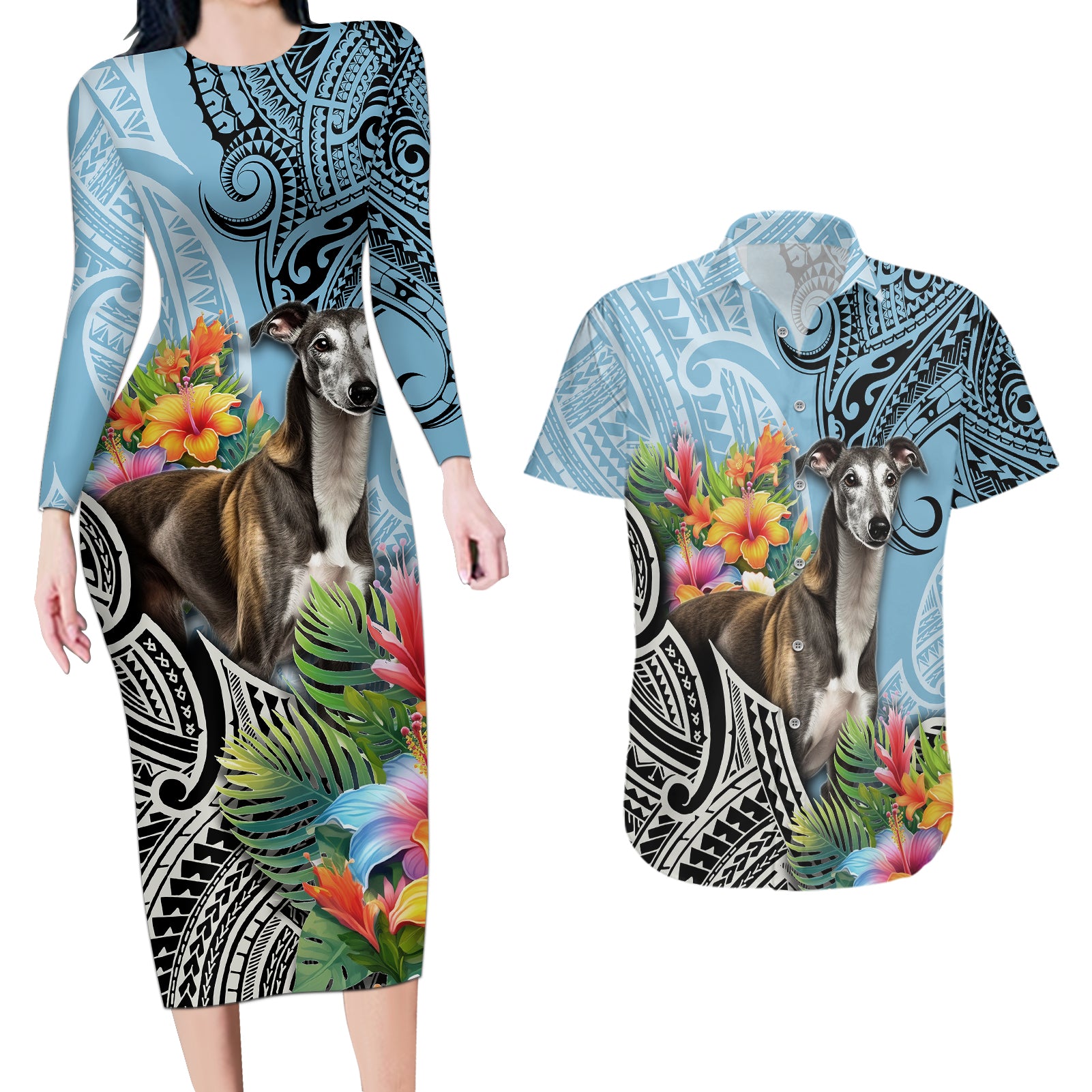 Polynesian Greyhound Couples Matching Long Sleeve Bodycon Dress and Hawaiian Shirt Polynesian Pattern And Greyhound TS04 Cyan - Polynesian Pride