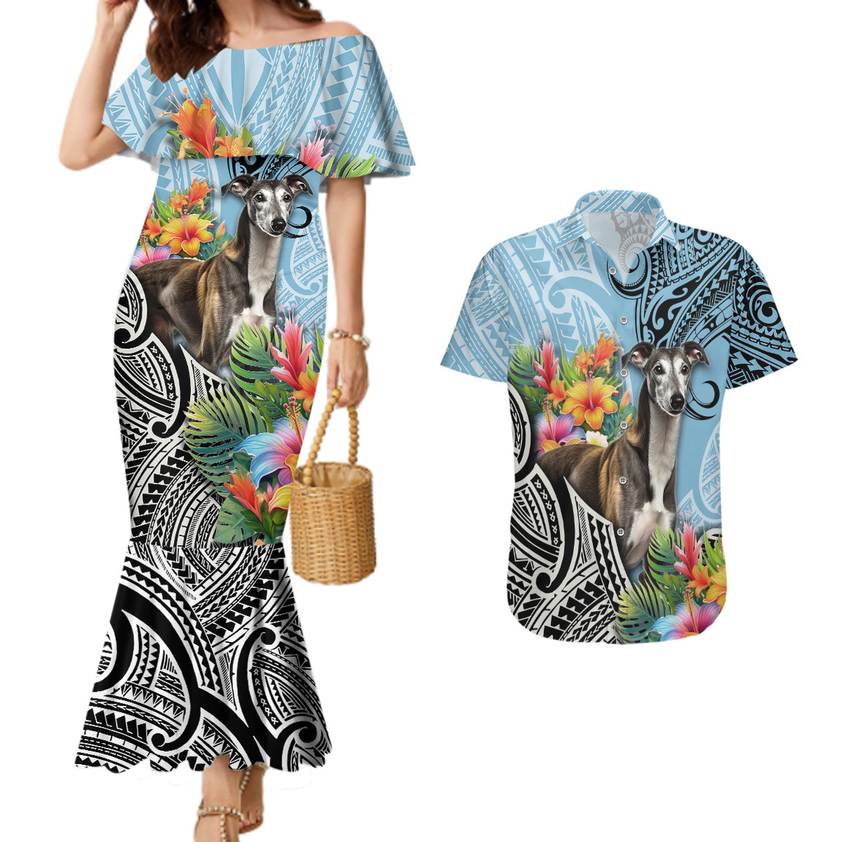 Polynesian Greyhound Couples Matching Mermaid Dress and Hawaiian Shirt Polynesian Pattern And Greyhound TS04 Cyan - Polynesian Pride