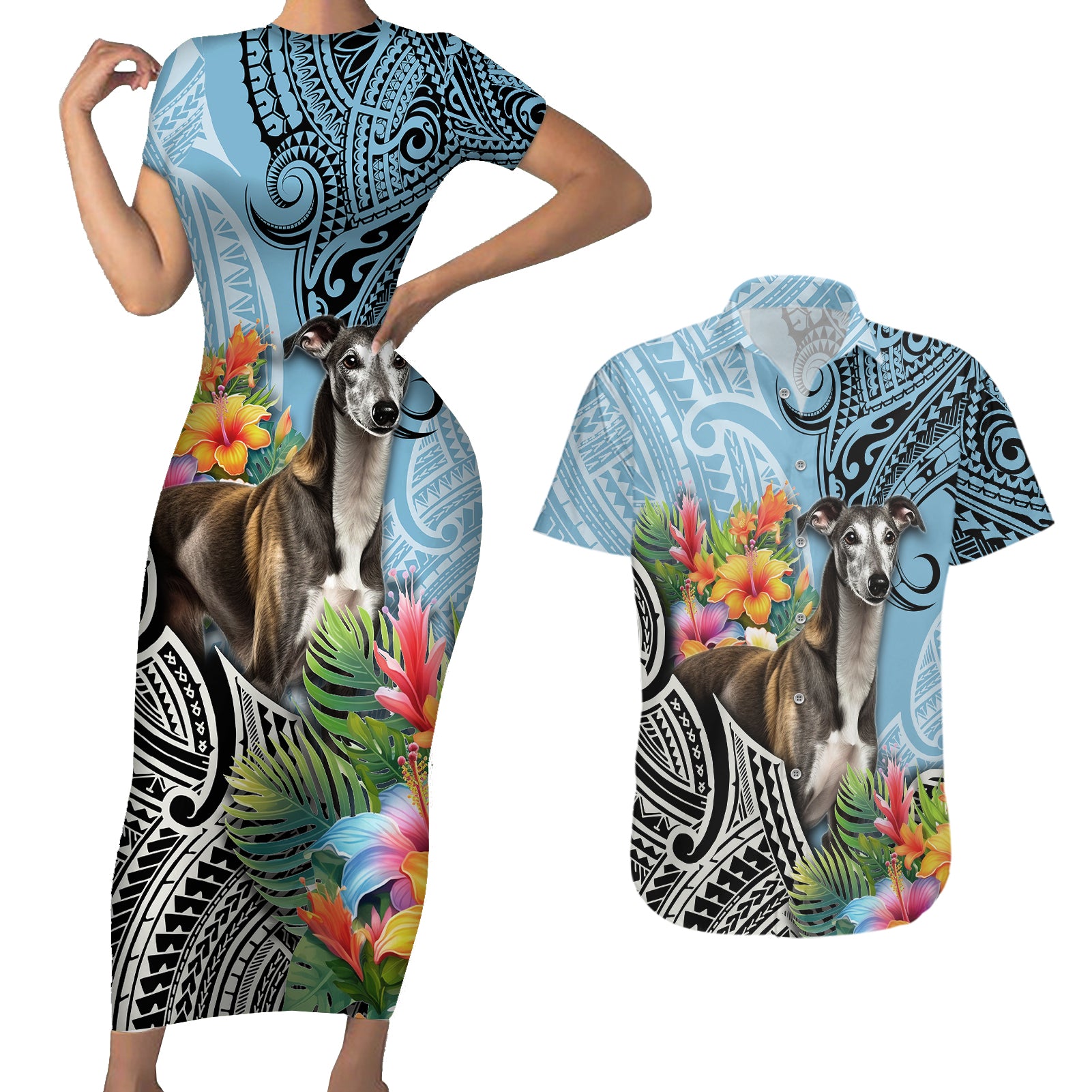 Polynesian Greyhound Couples Matching Short Sleeve Bodycon Dress and Hawaiian Shirt Polynesian Pattern And Greyhound TS04 Cyan - Polynesian Pride