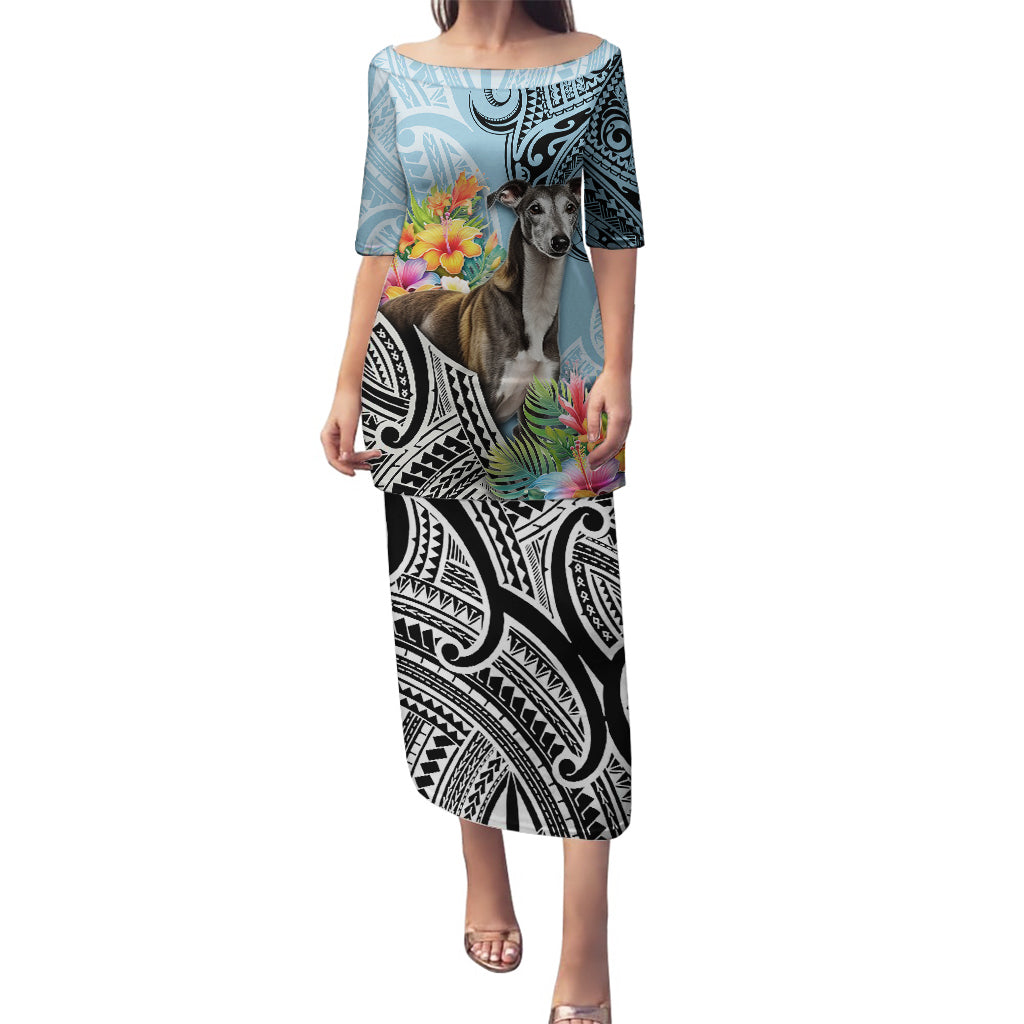 Polynesian Greyhound Puletasi Polynesian Pattern And Greyhound TS04 Long Dress Cyan - Polynesian Pride