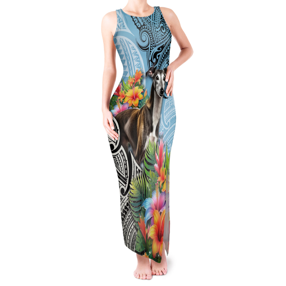 Polynesian Greyhound Tank Maxi Dress Polynesian Pattern And Greyhound TS04 Women Cyan - Polynesian Pride