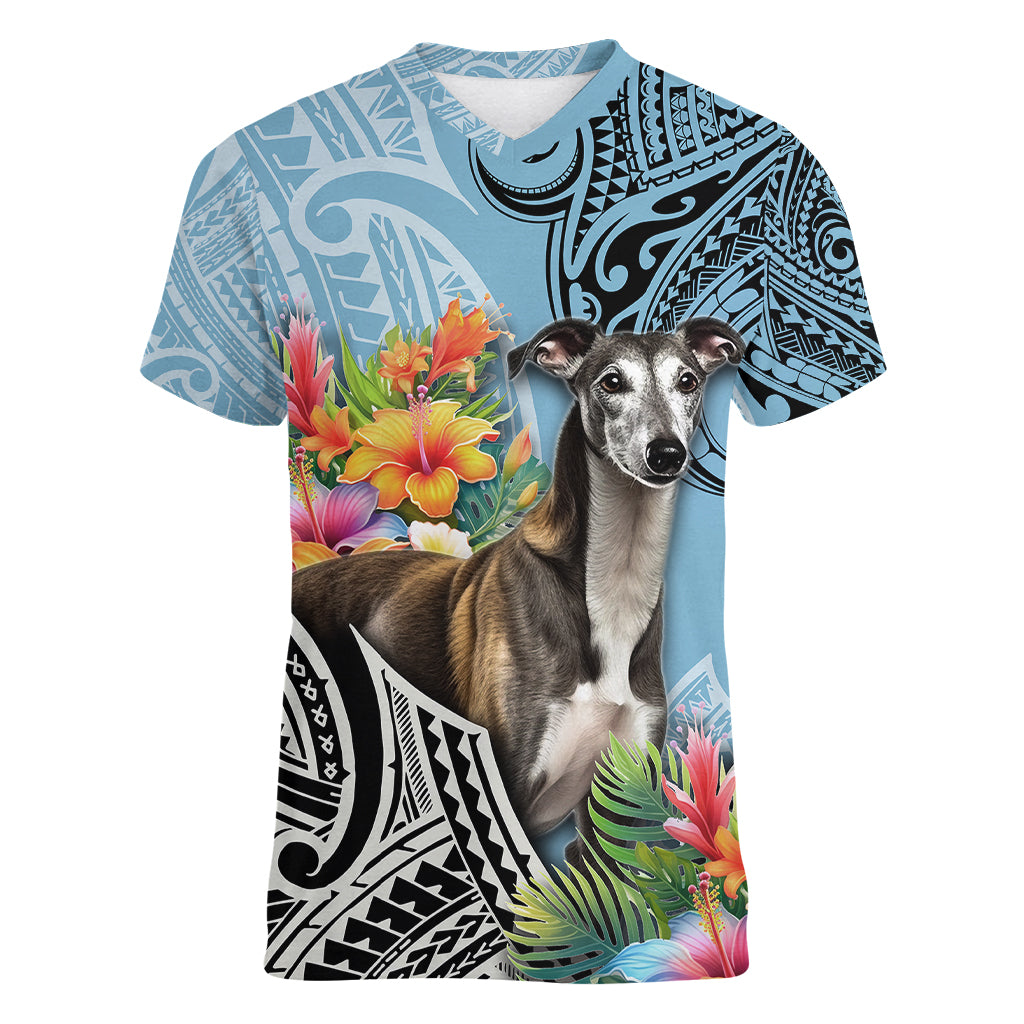 Polynesian Greyhound Women V Neck T Shirt Polynesian Pattern And Greyhound TS04 Female Cyan - Polynesian Pride