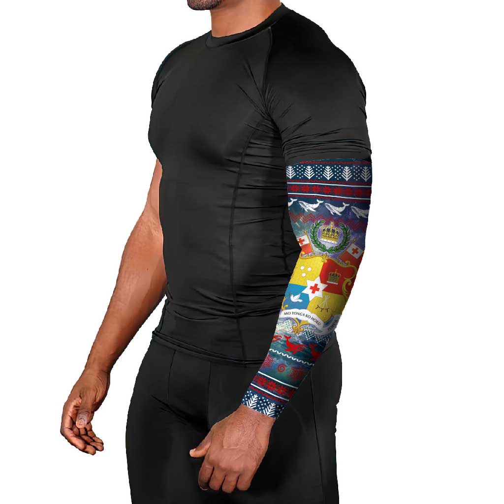 Tonga Christmas Arm Sleeves with Singing Whale Ocean Scene National Coat of Arms - Polynesian Pride