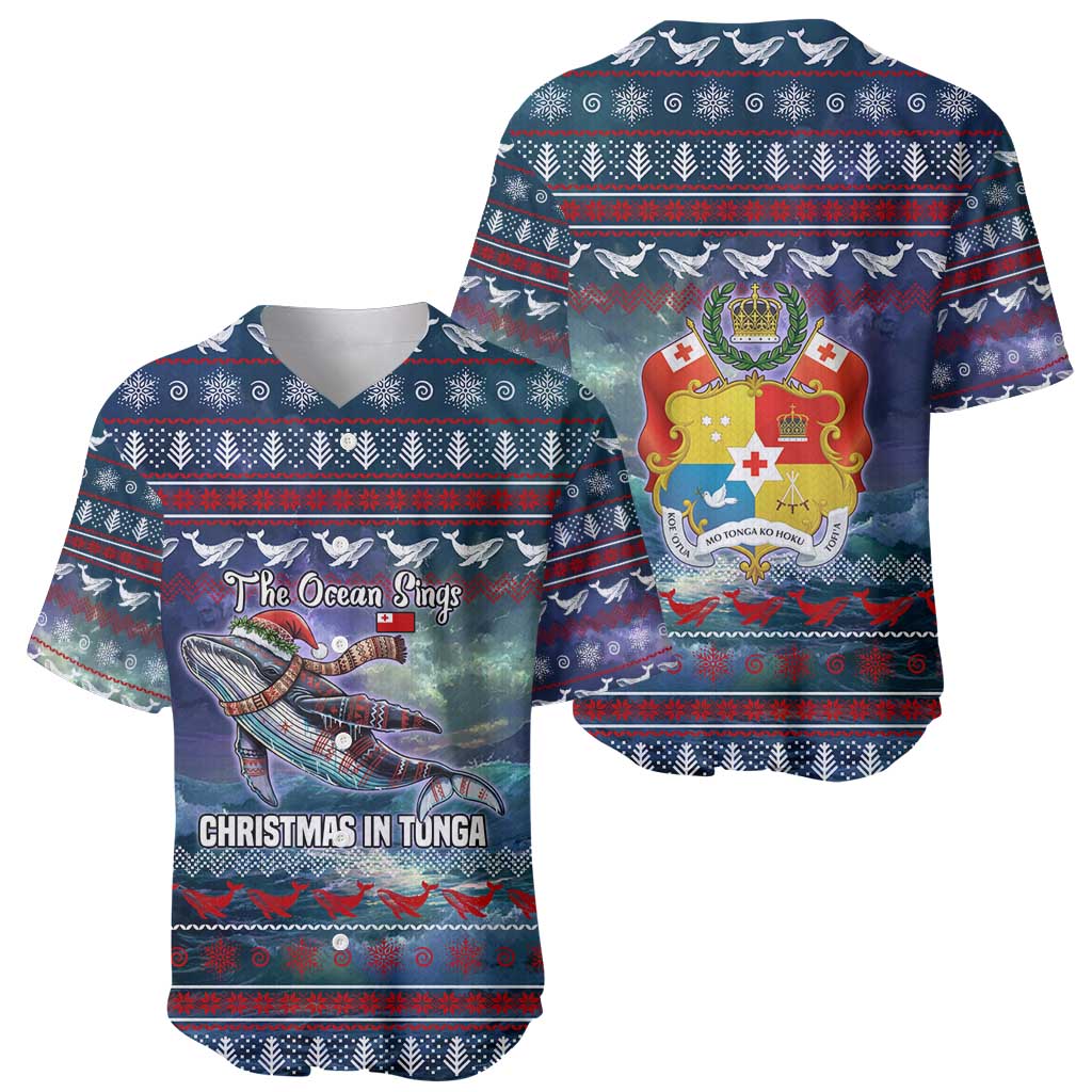 Tonga Christmas Baseball Jersey with Singing Whale Ocean Scene National Coat of Arms - Polynesian Pride