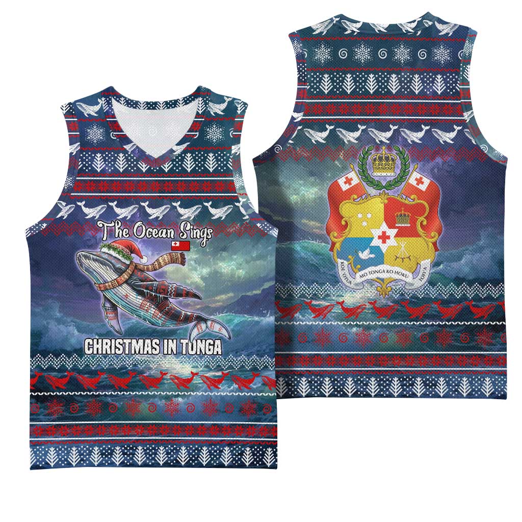 Tonga Christmas Basketball Jersey with Singing Whale Ocean Scene National Coat of Arms - Polynesian Pride