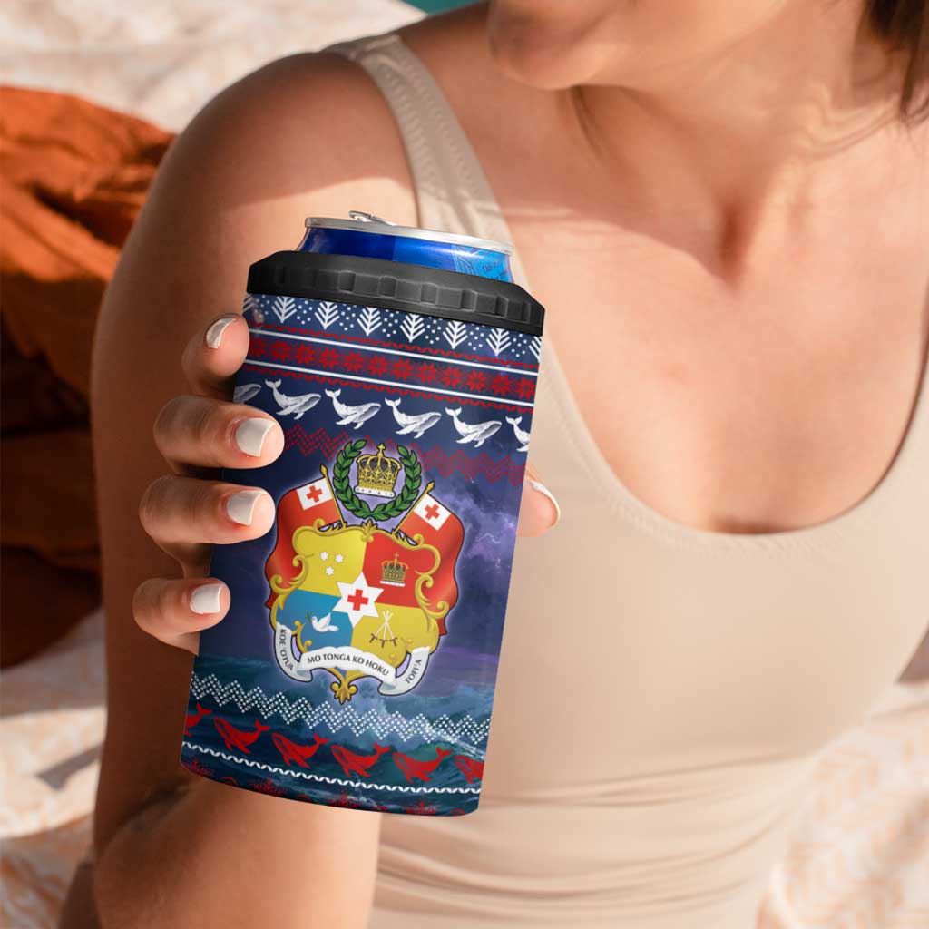 Tonga Christmas 4 in 1 Can Cooler Tumbler with Singing Whale Ocean Scene National Coat of Arms - Polynesian Pride