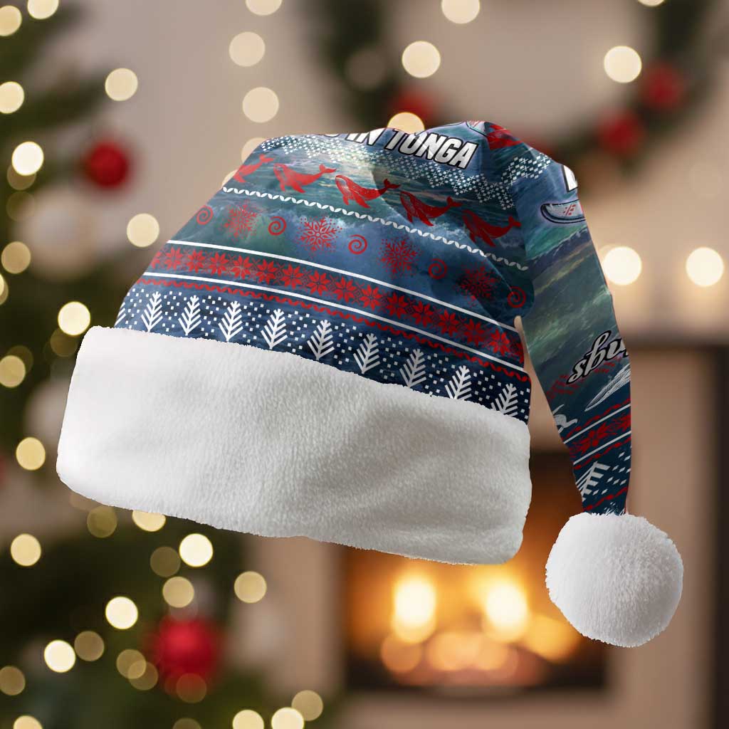 Tonga Christmas Santa Hat with Singing Whale Ocean Scene National Coat of Arms - Polynesian Pride