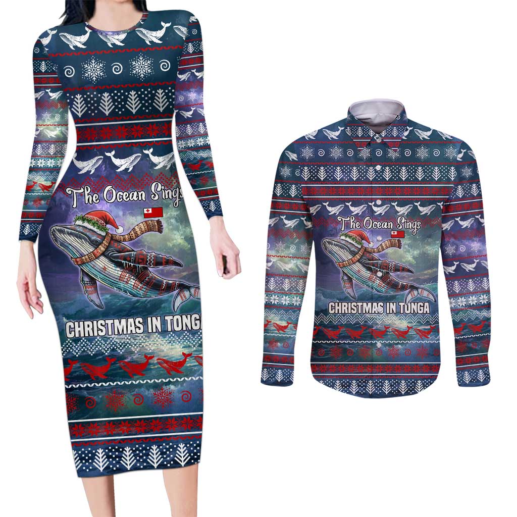 Tonga Christmas Couples Matching Long Sleeve Bodycon Dress and Long Sleeve Button Shirt with Singing Whale Ocean Scene National Coat of Arms - Polynesian Pride