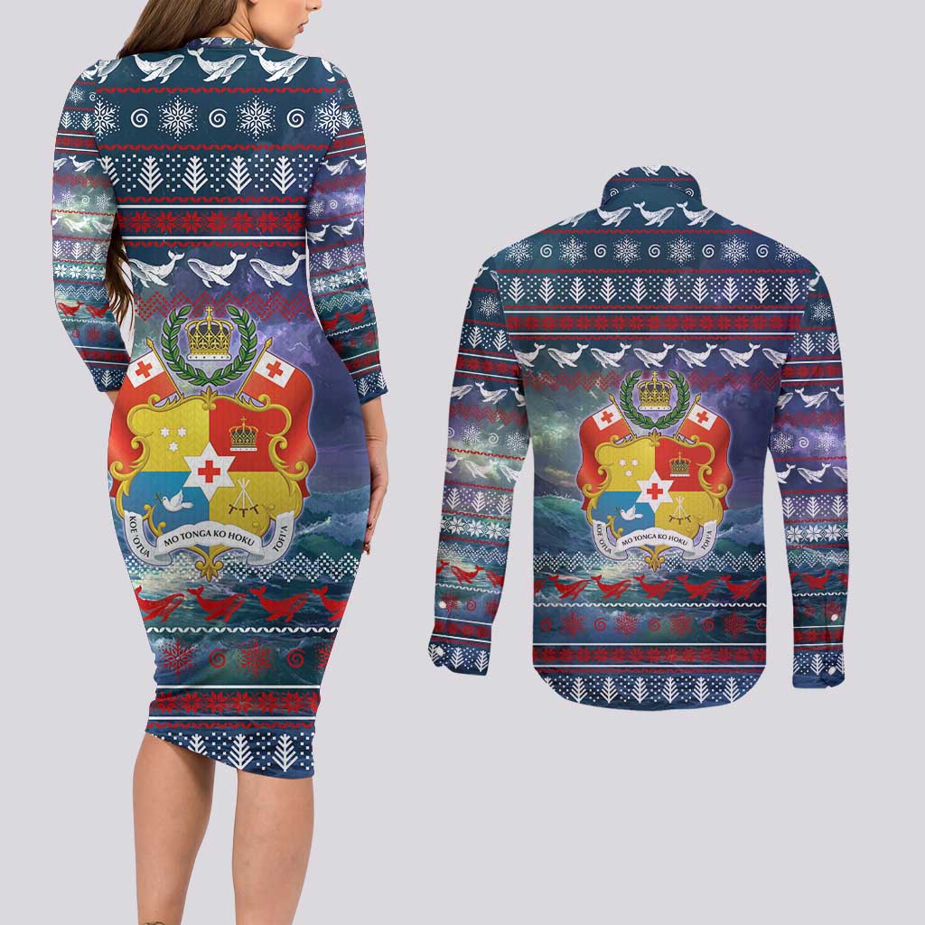 Tonga Christmas Couples Matching Long Sleeve Bodycon Dress and Long Sleeve Button Shirt with Singing Whale Ocean Scene National Coat of Arms - Polynesian Pride