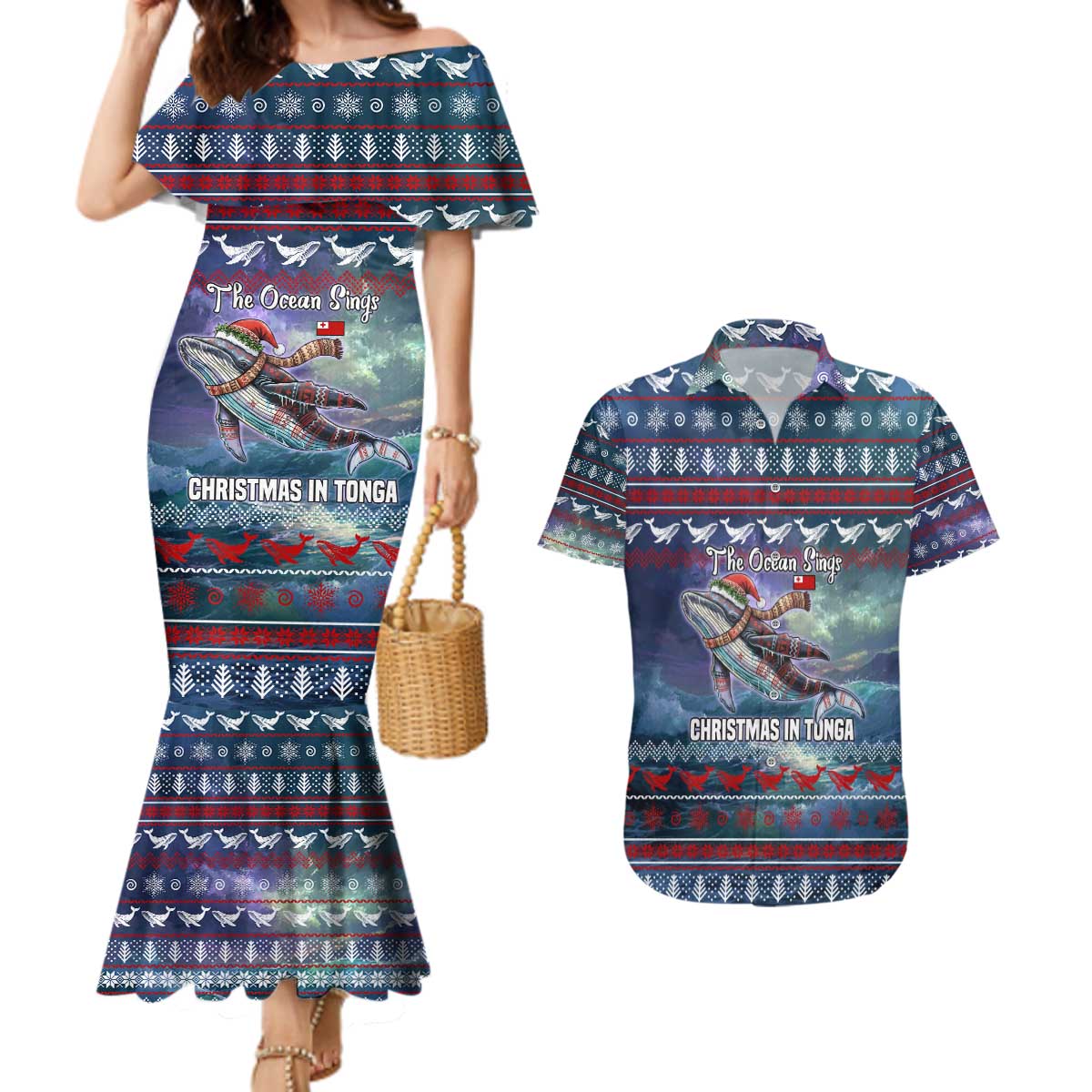 Tonga Christmas Couples Matching Mermaid Dress and Hawaiian Shirt with Singing Whale Ocean Scene National Coat of Arms - Polynesian Pride