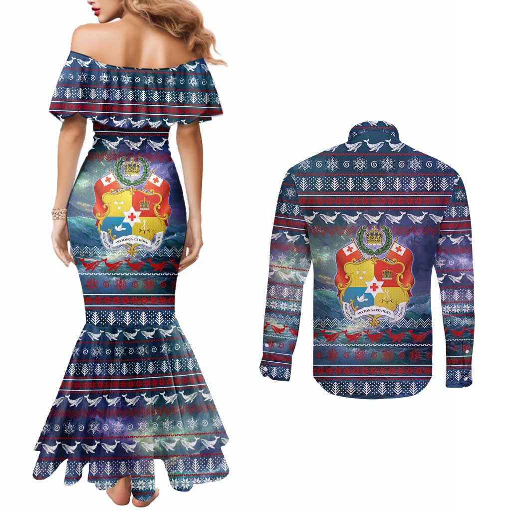 Tonga Christmas Couples Matching Mermaid Dress and Long Sleeve Button Shirt with Singing Whale Ocean Scene National Coat of Arms - Polynesian Pride