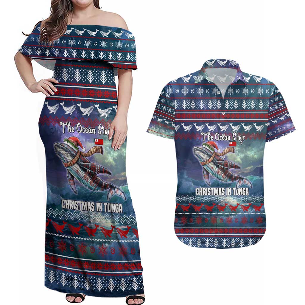 Tonga Christmas Couples Matching Off Shoulder Maxi Dress and Hawaiian Shirt with Singing Whale Ocean Scene National Coat of Arms - Polynesian Pride