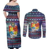 Tonga Christmas Couples Matching Off Shoulder Maxi Dress and Long Sleeve Button Shirt with Singing Whale Ocean Scene National Coat of Arms - Polynesian Pride