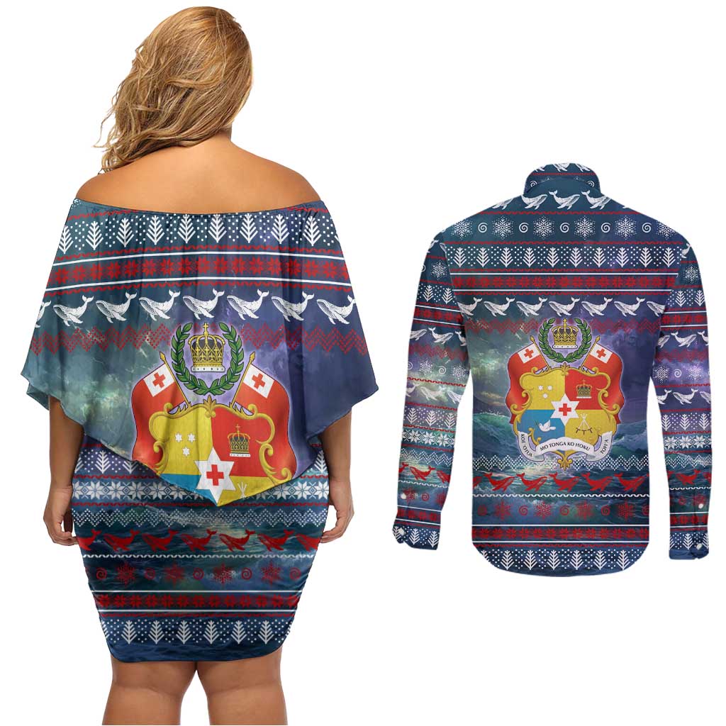 Tonga Christmas Couples Matching Off Shoulder Short Dress and Long Sleeve Button Shirt with Singing Whale Ocean Scene National Coat of Arms - Polynesian Pride