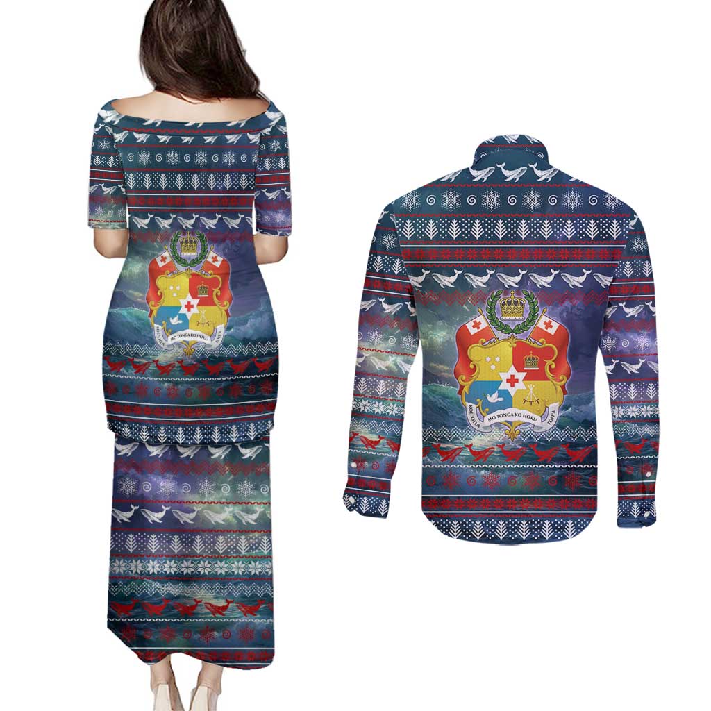 Tonga Christmas Couples Matching Puletasi and Long Sleeve Button Shirt with Singing Whale Ocean Scene National Coat of Arms - Polynesian Pride