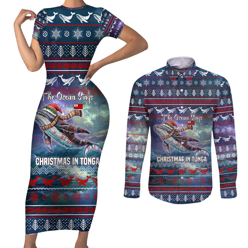 Tonga Christmas Couples Matching Short Sleeve Bodycon Dress and Long Sleeve Button Shirt with Singing Whale Ocean Scene National Coat of Arms - Polynesian Pride