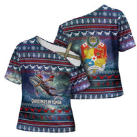Tonga Christmas Cross Shoulder Shirt with Singing Whale Ocean Scene National Coat of Arms - Polynesian Pride