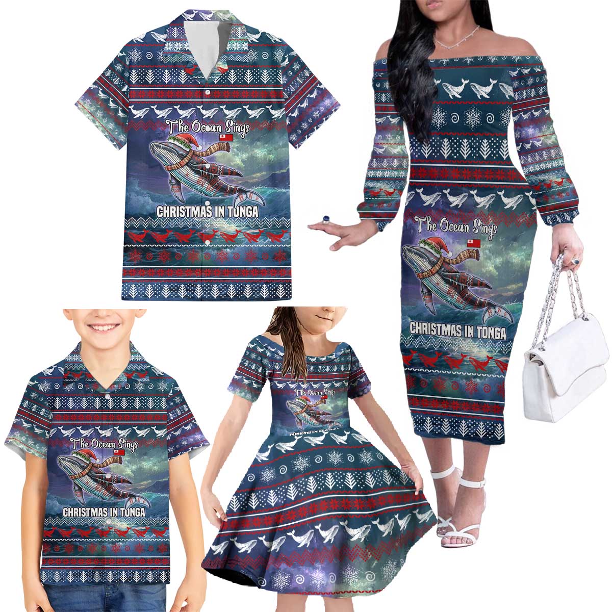 Tonga Christmas Family Matching Off The Shoulder Long Sleeve Dress and Hawaiian Shirt with Singing Whale Ocean Scene National Coat of Arms - Polynesian Pride