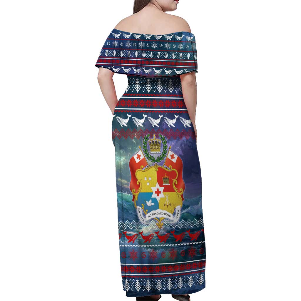 Tonga Christmas Family Matching Off Shoulder Maxi Dress and Hawaiian Shirt with Singing Whale Ocean Scene National Coat of Arms - Polynesian Pride